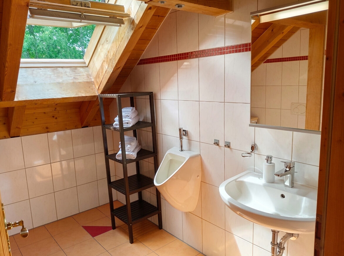 Badezimmer mit Waschbecken und Handtüchern