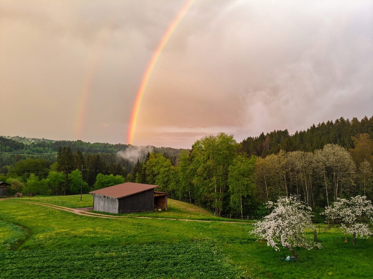 Regenbogen über der Scheune und den Wiesen rund um den Schwarzwaldhof