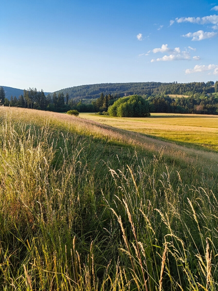 Wiese im goldenen Abendlicht mit Blick auf den Wald